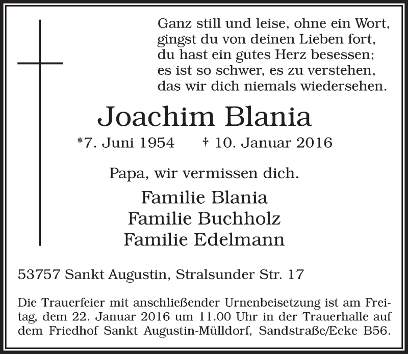  Traueranzeige für Joachim Blania vom 20.01.2016 aus  Extra Blatt 