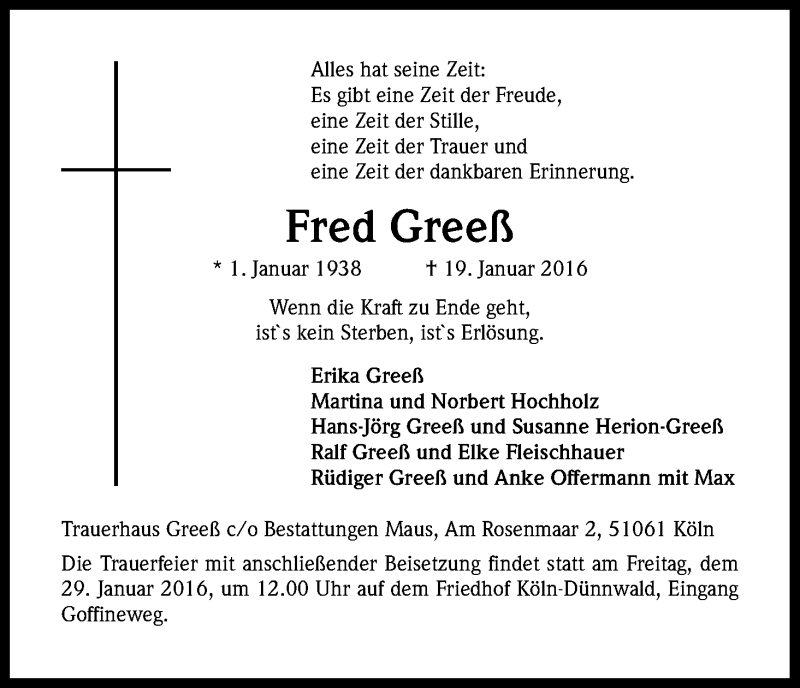  Traueranzeige für Fred Greeß vom 23.01.2016 aus Kölner Stadt-Anzeiger / Kölnische Rundschau / Express