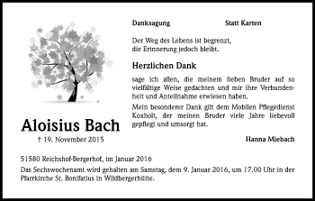 Anzeige von Aloisius Bach von Kölner Stadt-Anzeiger / Kölnische Rundschau / Express