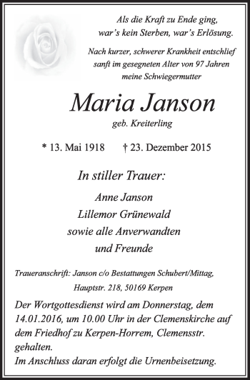 Anzeige von Maria Janson von  Sonntags-Post 