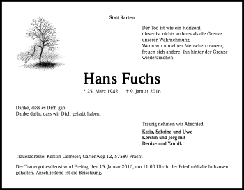 Anzeige von Hans Fuchs von Kölner Stadt-Anzeiger / Kölnische Rundschau / Express