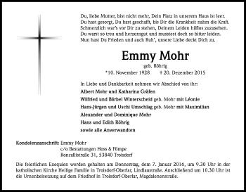 Anzeige von Emmy Mohr von Kölner Stadt-Anzeiger / Kölnische Rundschau / Express