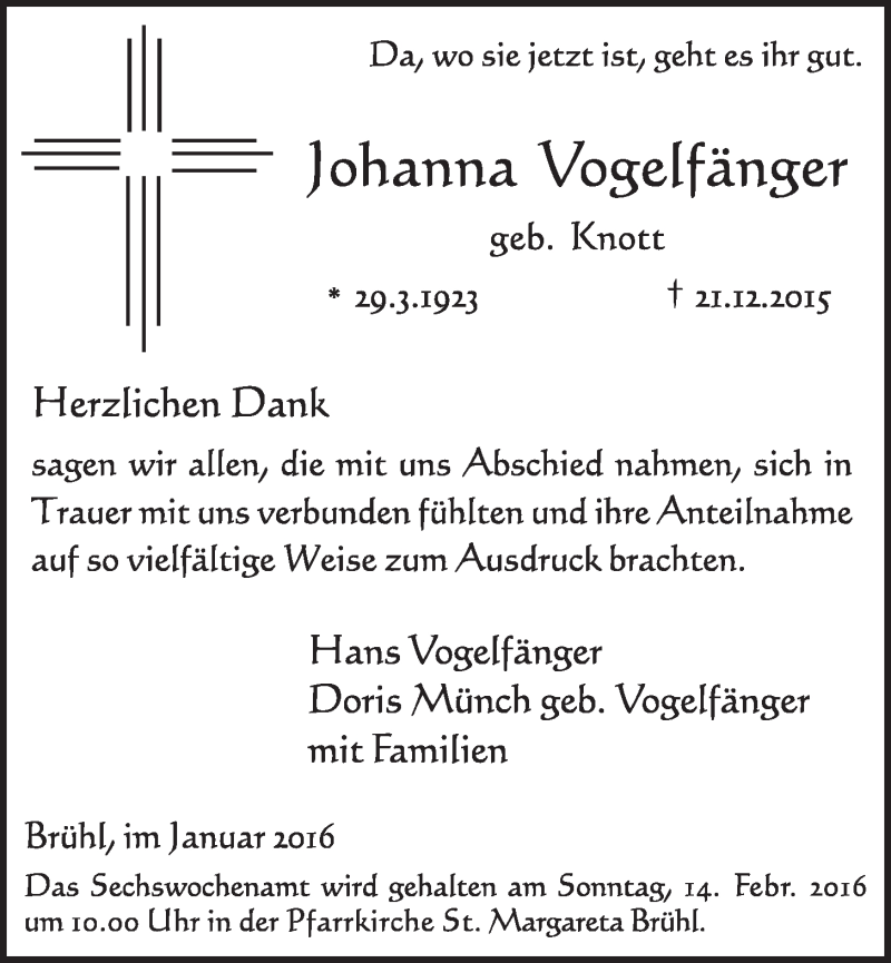  Traueranzeige für Johanna Vogelfänger vom 27.01.2016 aus  Schlossbote/Werbekurier 