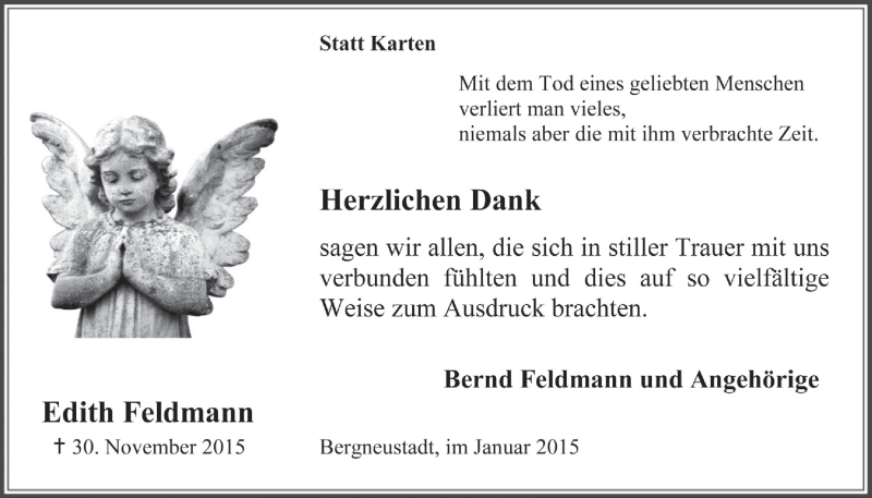  Traueranzeige für Edith Feldmann vom 20.01.2016 aus  Anzeigen Echo 