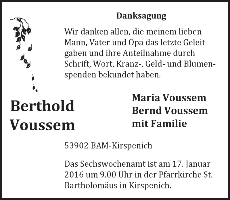  Traueranzeige für Berthold Voussem vom 03.01.2016 aus  Blickpunkt Euskirchen 