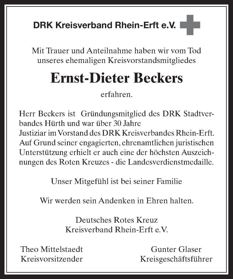  Traueranzeige für Ernst-Dieter Beckers vom 13.01.2016 aus  Werbepost 