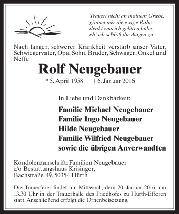 Anzeige von Rolf Neugebauer von  Wochenende 