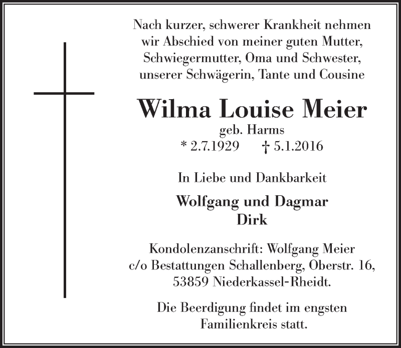  Traueranzeige für Wilma Louise Meier vom 13.01.2016 aus  Extra Blatt 