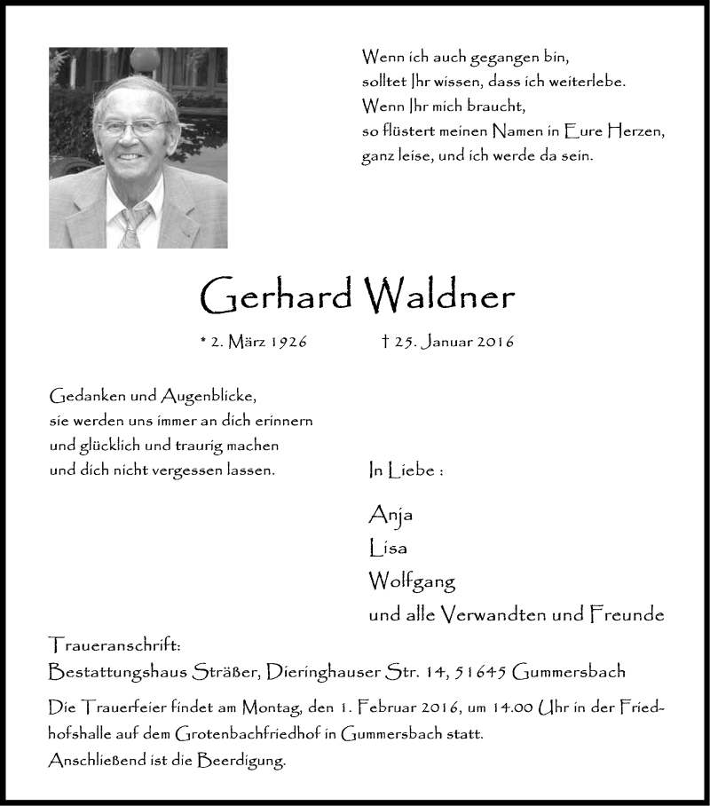  Traueranzeige für Gerhard Waldner vom 29.01.2016 aus Kölner Stadt-Anzeiger / Kölnische Rundschau / Express