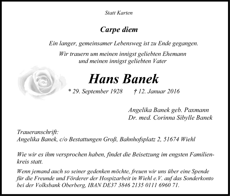  Traueranzeige für Hans Banek vom 16.01.2016 aus Kölner Stadt-Anzeiger / Kölnische Rundschau / Express