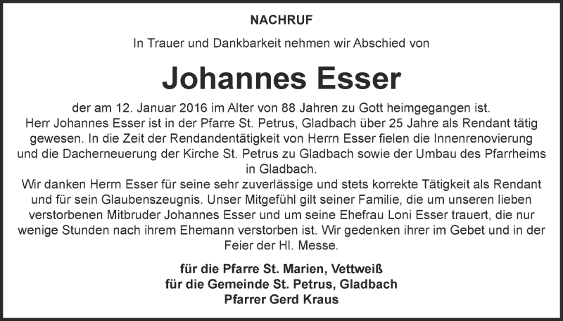  Traueranzeige für Johannes Esser vom 24.01.2016 aus  Blickpunkt Euskirchen 
