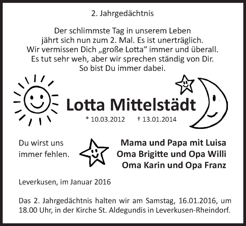  Traueranzeige für Lotta und Mika Mittelstädt vom 13.01.2016 aus  Lokale Informationen  Schlossbote/Werbekurier 