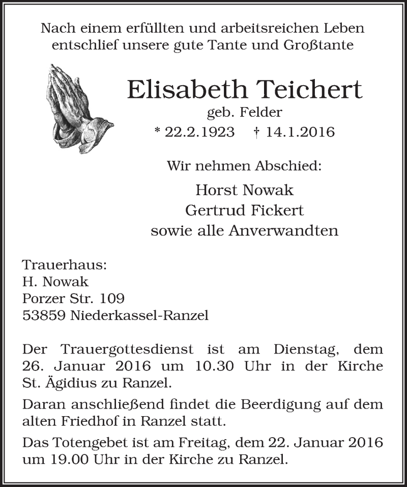  Traueranzeige für Elisabeth Teichert vom 20.01.2016 aus  Extra Blatt 