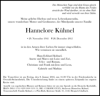 Anzeige von Hannelore Kühnel von Kölner Stadt-Anzeiger / Kölnische Rundschau / Express