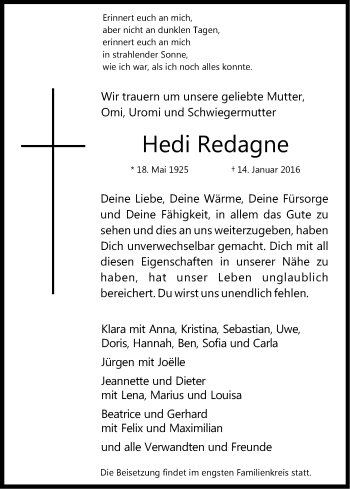 Anzeige von Hedi Redagne von Kölner Stadt-Anzeiger / Kölnische Rundschau / Express