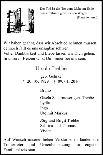 Anzeige von Ursula Trebbe von Kölner Stadt-Anzeiger / Kölnische Rundschau / Express