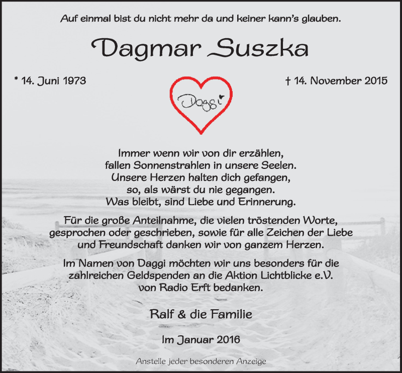  Traueranzeige für Dagmar Suszka vom 16.01.2016 aus  Sonntags-Post 