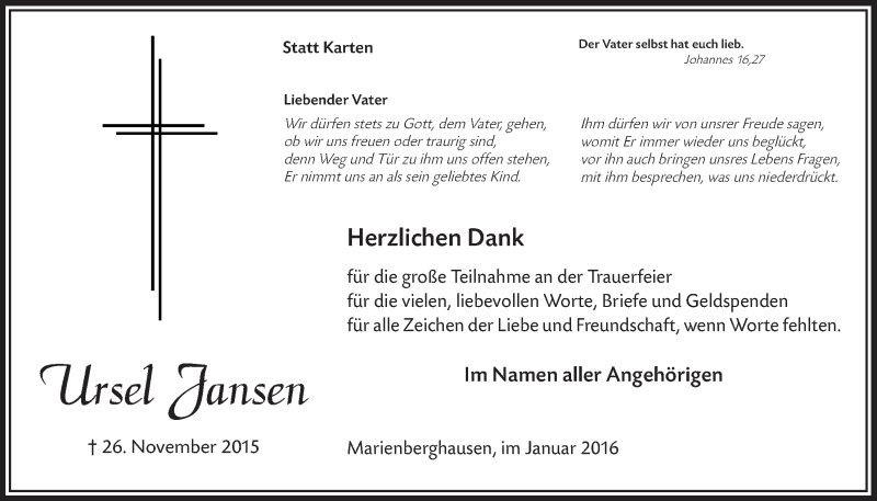  Traueranzeige für Ursel Jansen vom 13.01.2016 aus  Lokalanzeiger 