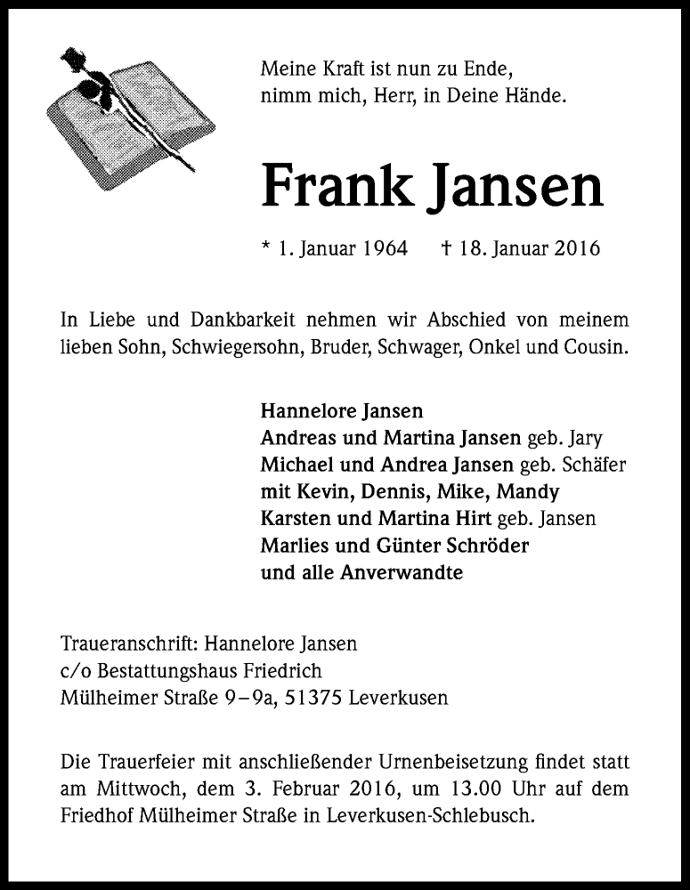  Traueranzeige für Frank Jansen vom 30.01.2016 aus Kölner Stadt-Anzeiger / Kölnische Rundschau / Express