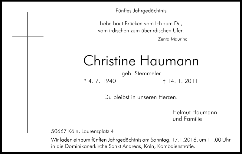  Traueranzeige für Christine Haumann vom 13.01.2016 aus Kölner Stadt-Anzeiger / Kölnische Rundschau / Express