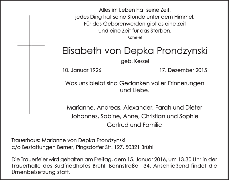  Traueranzeige für Elisabeth von Depka Prondzynski vom 13.01.2016 aus  Schlossbote/Werbekurier 