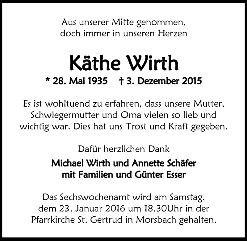  Traueranzeige für Käthe Wirth vom 20.01.2016 aus  Lokalanzeiger 