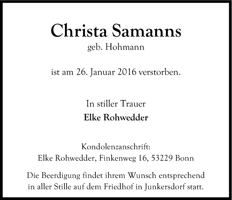  Traueranzeige für Christa Samanns vom 30.01.2016 aus Kölner Stadt-Anzeiger / Kölnische Rundschau / Express