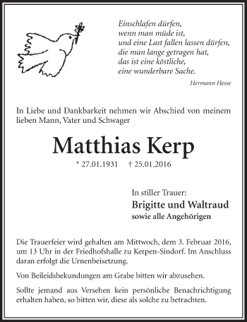 Anzeige von Matthias Kerp von  Sonntags-Post 