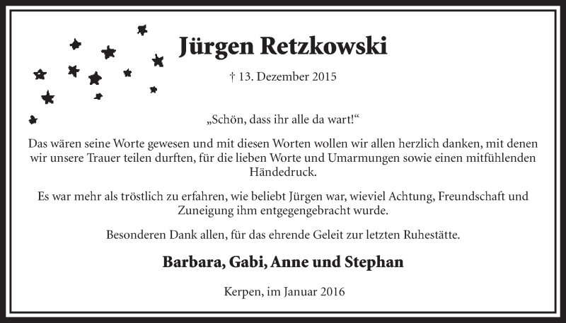  Traueranzeige für Jürgen Retzkowski vom 16.01.2016 aus  Sonntags-Post 