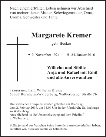 Anzeige von Margarete Kremer von  Schlossbote/Werbekurier 