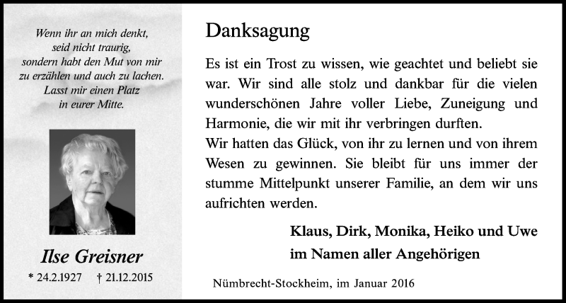  Traueranzeige für Ilse Greisner vom 27.01.2016 aus  Anzeigen Echo  Lokalanzeiger 