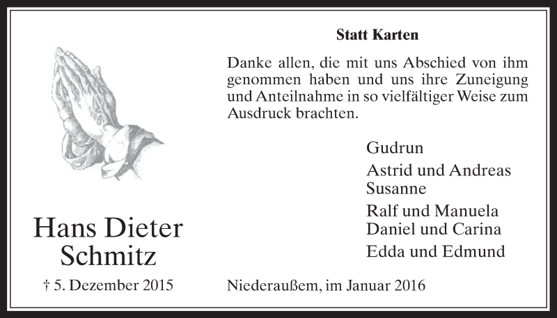  Traueranzeige für Hans Dieter Schmitz vom 06.01.2016 aus  Werbepost 