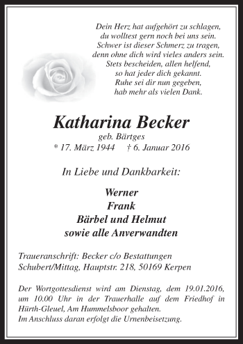 Anzeige von Katharina Becker von  Wochenende 