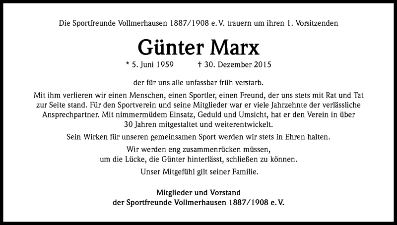  Traueranzeige für Günter Marx vom 06.01.2016 aus Kölner Stadt-Anzeiger / Kölnische Rundschau / Express