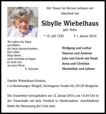 Anzeige von Sibylle Wiebelhaus von Kölner Stadt-Anzeiger / Kölnische Rundschau / Express