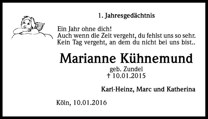  Traueranzeige für Marianne Kühnemund vom 09.01.2016 aus Kölner Stadt-Anzeiger / Kölnische Rundschau / Express