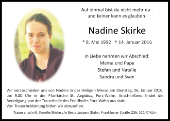 Anzeige von Nadine Skirke von  Kölner Wochenspiegel 