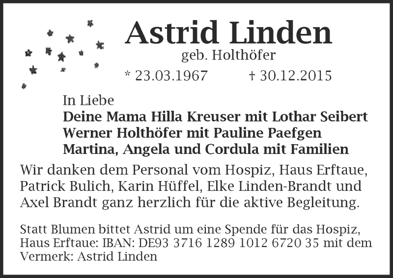  Traueranzeige für Astrid Linden vom 10.01.2016 aus  Blickpunkt Euskirchen 