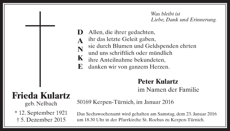  Traueranzeige für Frieda Kulartz vom 20.01.2016 aus  Werbepost 