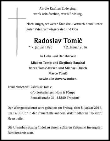Anzeige von Radoslav Tomic von Kölner Stadt-Anzeiger / Kölnische Rundschau / Express