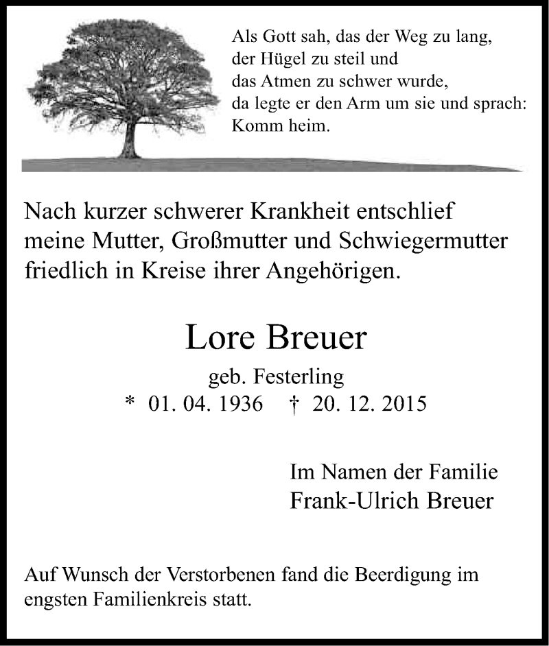  Traueranzeige für Lore Breuer vom 09.01.2016 aus Kölner Stadt-Anzeiger / Kölnische Rundschau / Express
