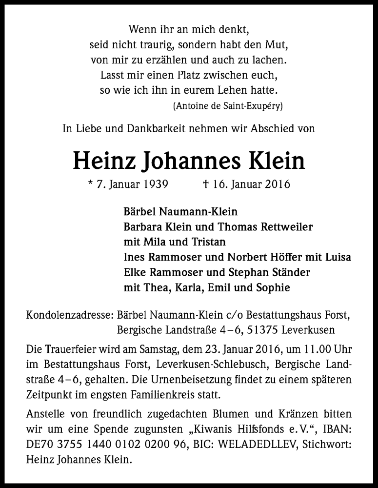  Traueranzeige für Heinz Johannes Klein vom 20.01.2016 aus Kölner Stadt-Anzeiger / Kölnische Rundschau / Express