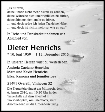 Anzeige von Dieter Henrichs von Kölner Stadt-Anzeiger / Kölnische Rundschau / Express
