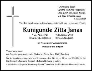 Anzeige von Kunigunde Zitta Janas von Kölner Stadt-Anzeiger / Kölnische Rundschau / Express