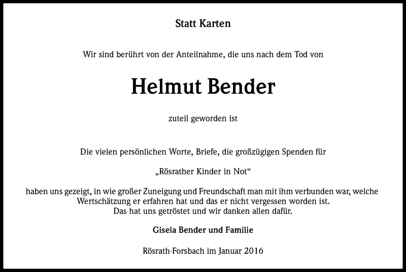  Traueranzeige für Helmut Bender vom 09.01.2016 aus Kölner Stadt-Anzeiger / Kölnische Rundschau / Express