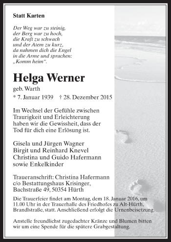 Anzeige von Helga Werner von  Wochenende 