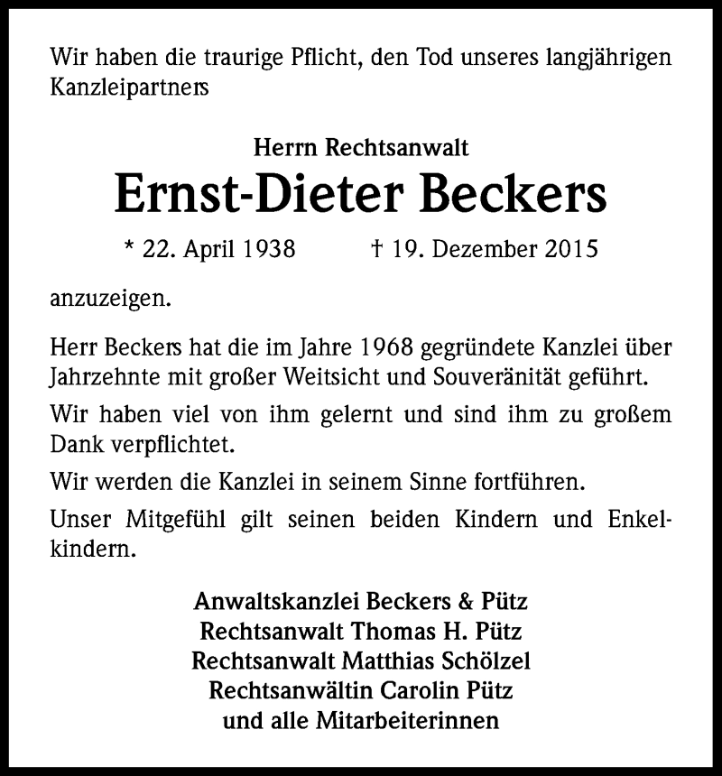  Traueranzeige für Ernst-Dieter Beckers vom 02.01.2016 aus Kölner Stadt-Anzeiger / Kölnische Rundschau / Express