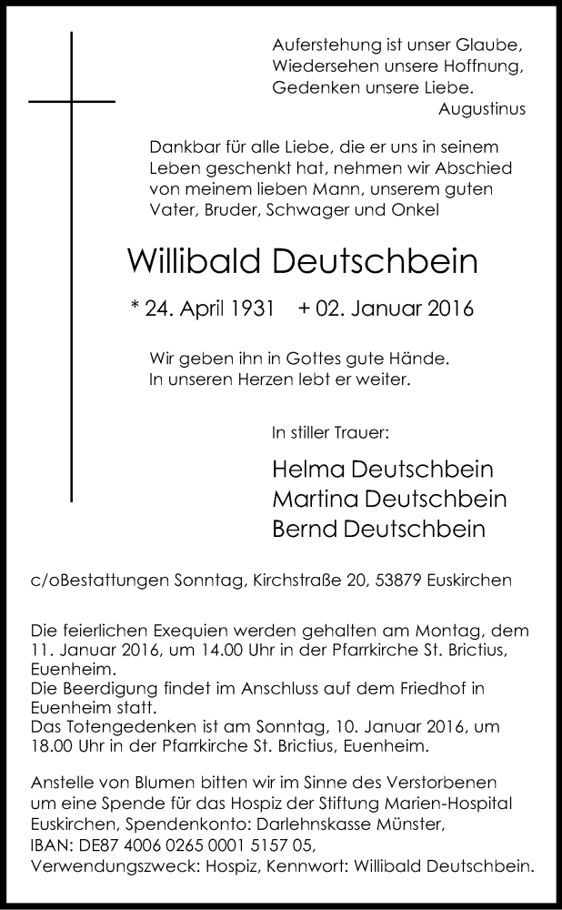  Traueranzeige für Willibald Deutschbein vom 06.01.2016 aus Kölner Stadt-Anzeiger / Kölnische Rundschau / Express