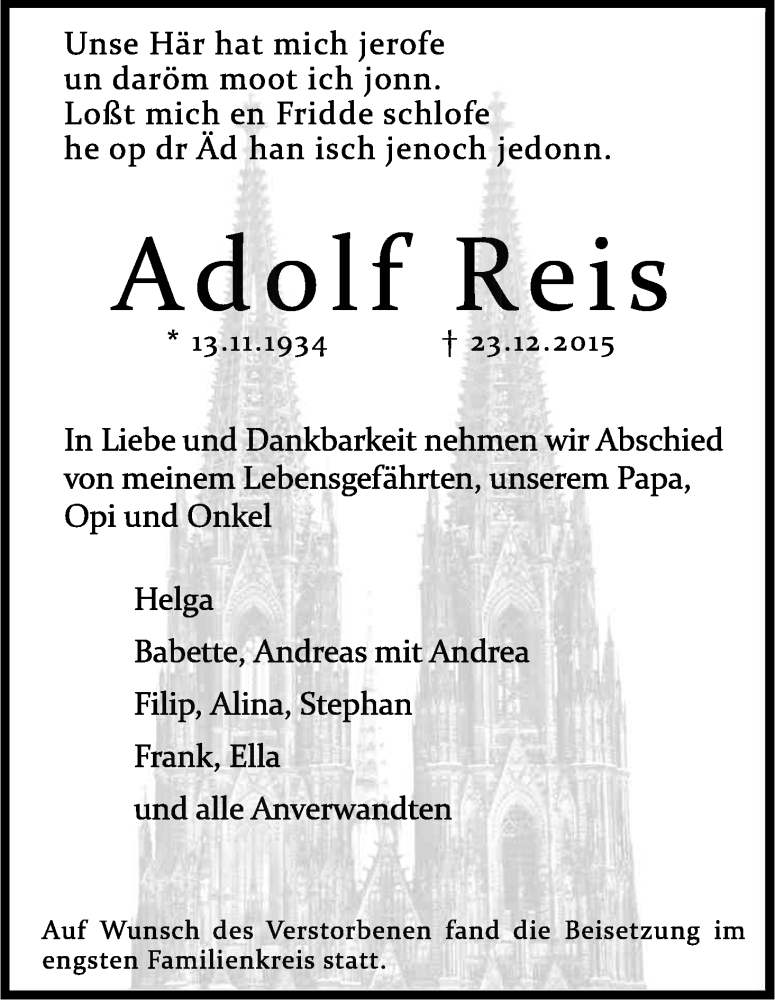  Traueranzeige für Adolf Reis vom 16.01.2016 aus Kölner Stadt-Anzeiger / Kölnische Rundschau / Express