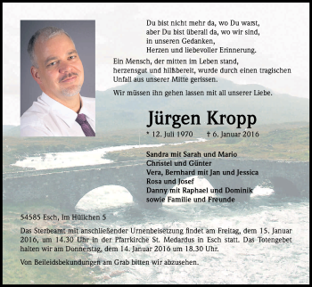 Anzeige von Jürgen Kropp von Kölner Stadt-Anzeiger / Kölnische Rundschau / Express